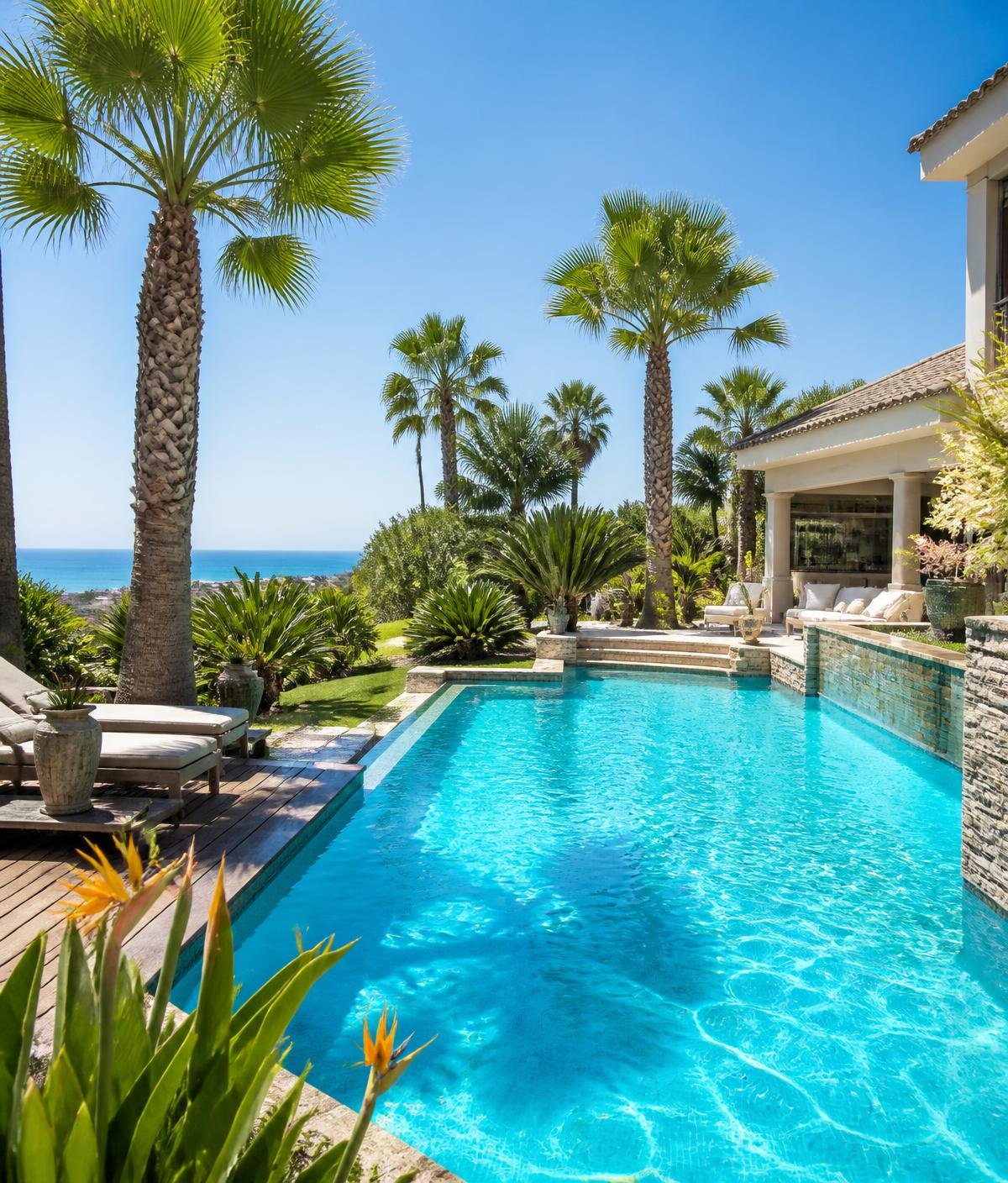 Sparkling clean swimming pool surrounded by palm trees on the Hibiscus Coast